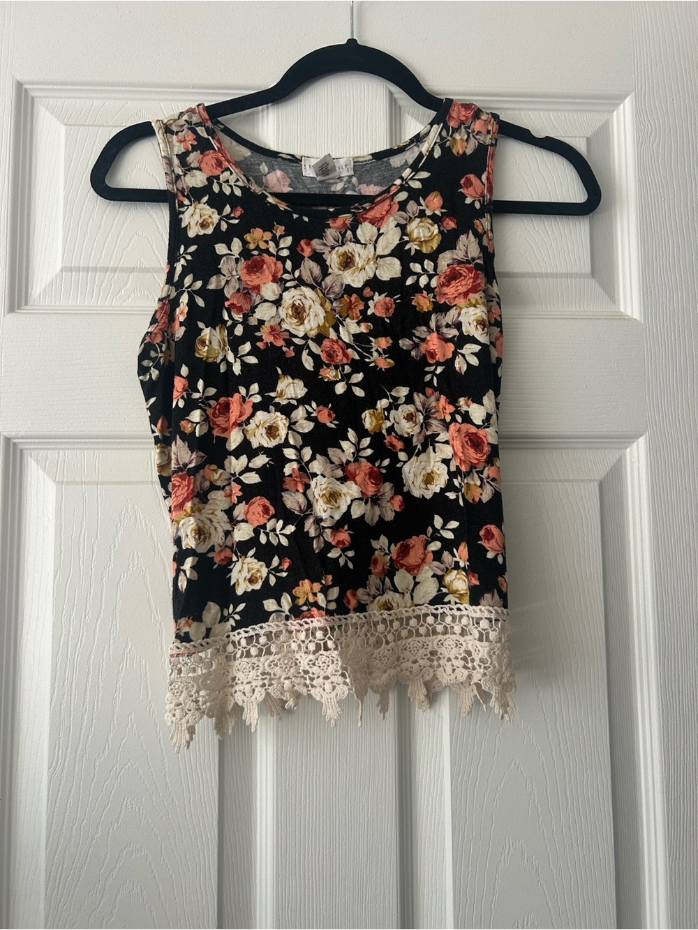 Floral Lace-Hem Tank Top - Black with Cream & Coral Flowers